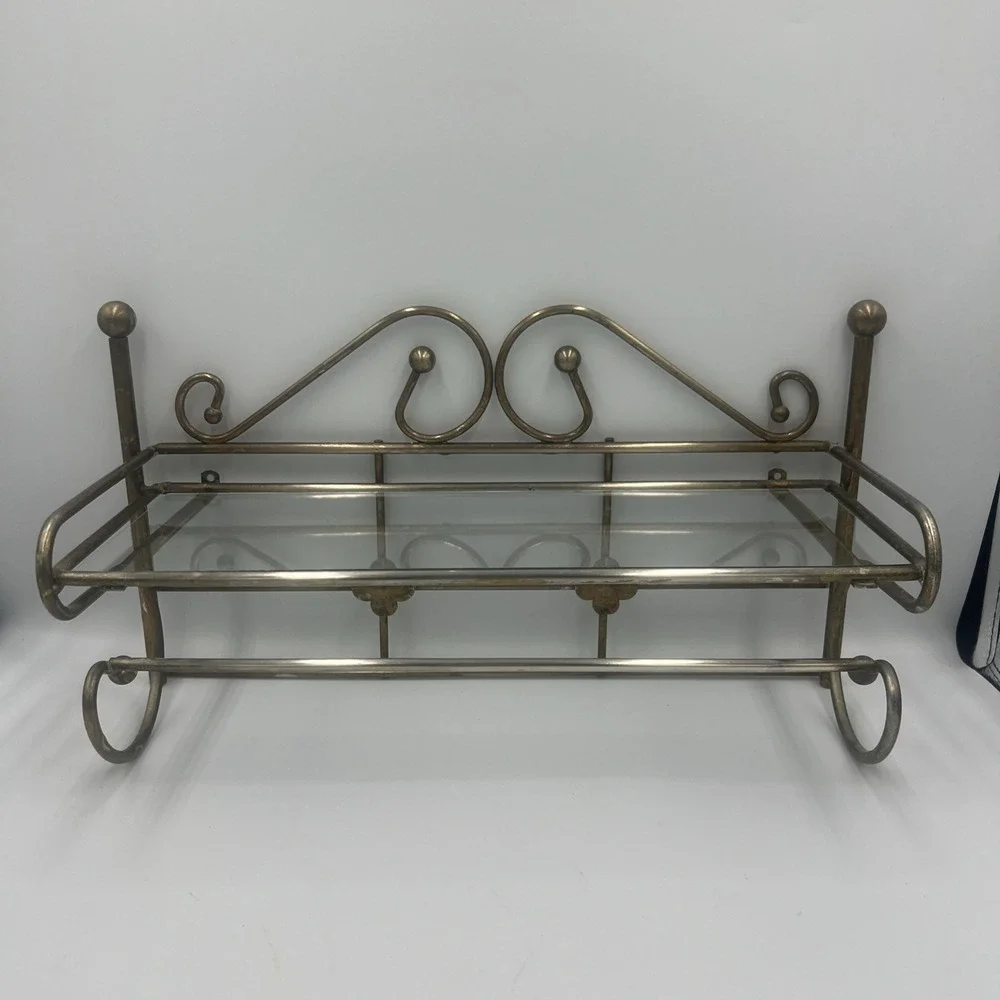 Solid Brass Vintage Bathroom Shelf & Towel Bar - Includes‎ Glass Shelf